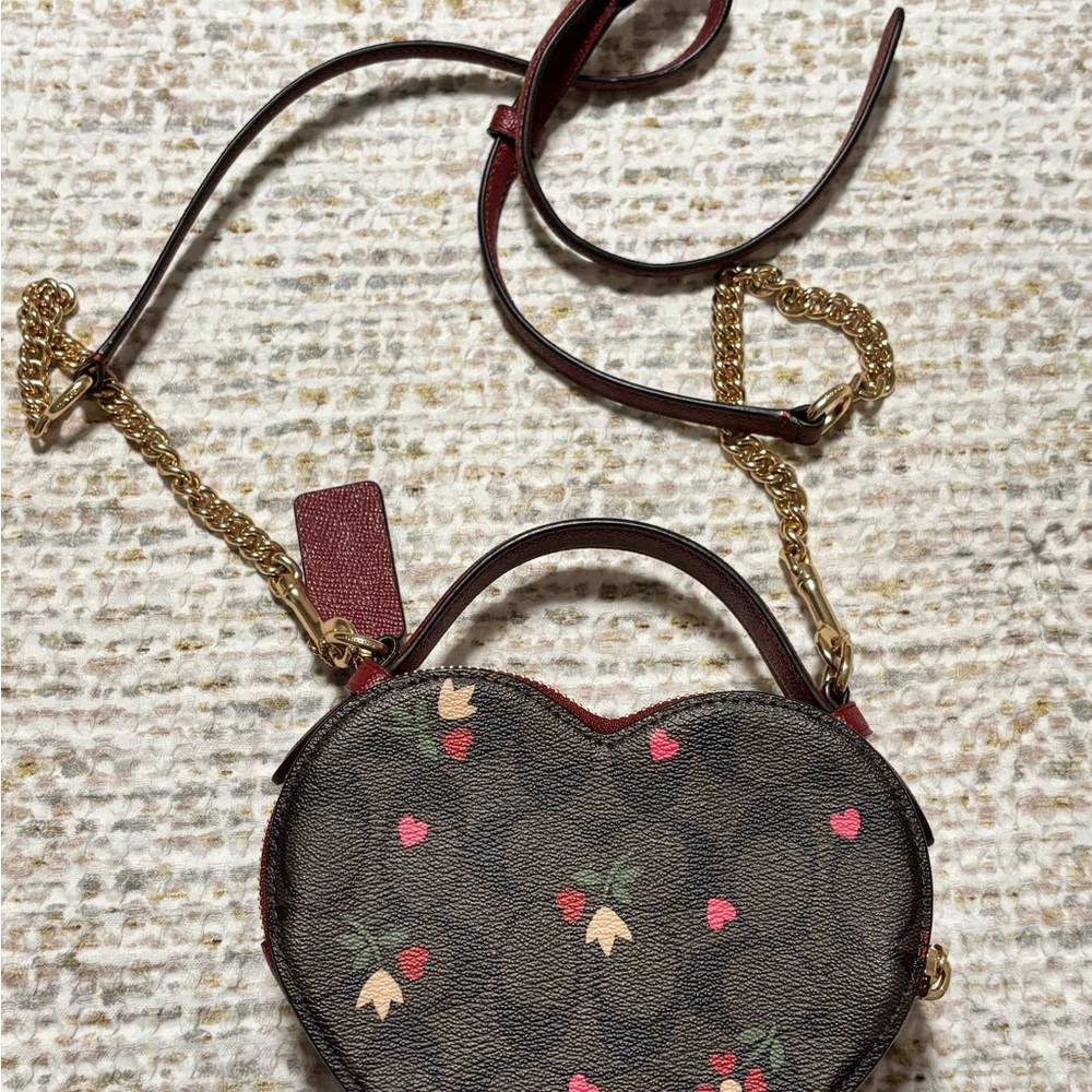 Coach Brown Heart-Shaped Mini Crossbody with Floral & Pink Heart Accents - Picture 2 of 4